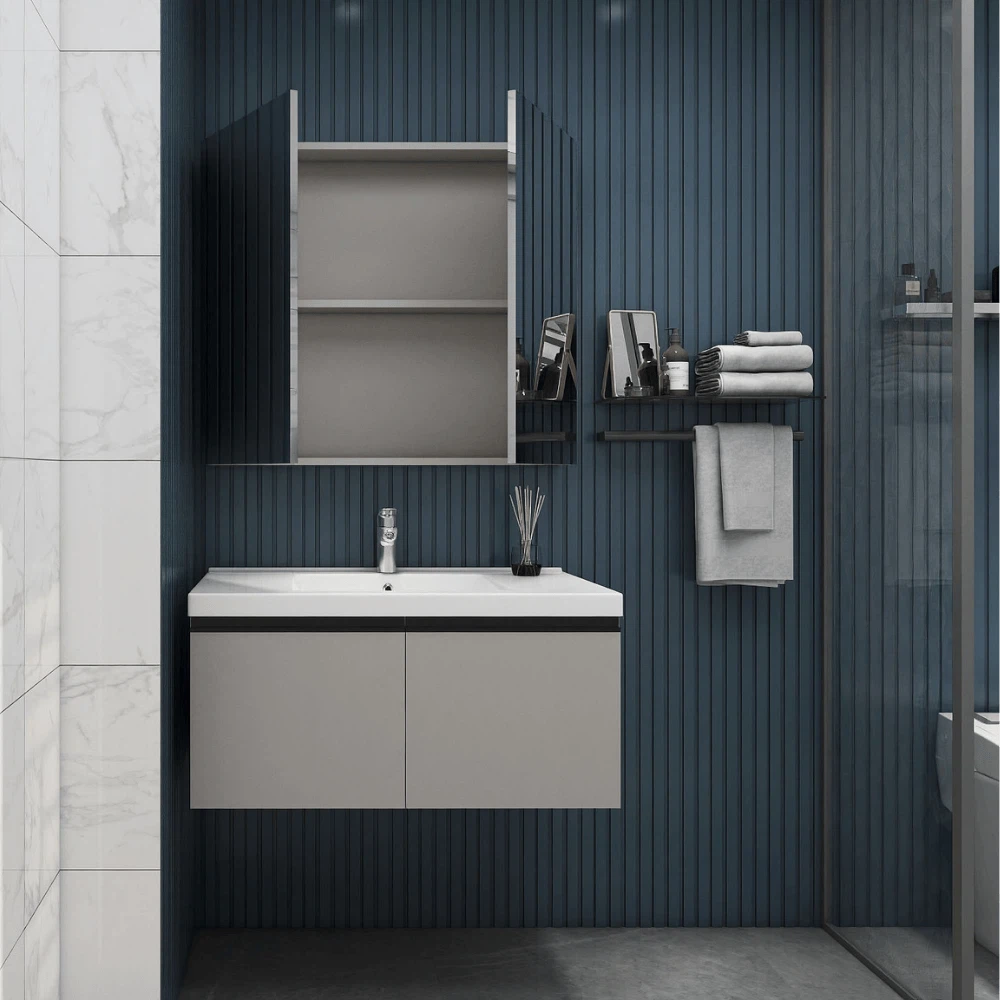 Open mirror cabinet showing internal shelves above modern grey wall mounted vanity with basin. Open mirror cabinet showing internal shelves above modern grey wall mounted vanity with basin.